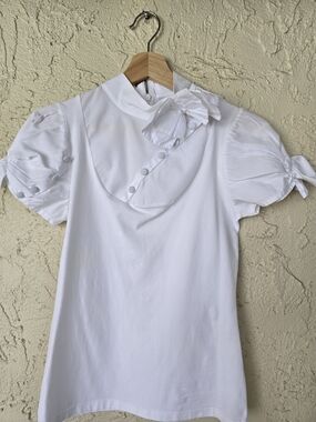 ANNE FONTAINE Bow White Puff Sleeve Bow-Front Blouse Small FR40